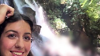 Crazy CUMWALK on Public Waterfall Full of People Blowjob in