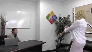 Domineering Deep throat in office by freaky unsighted cougar deep-throater damsel for bewildered Lenny.
