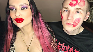 Juicy Sticky Loud Aggressive Kisses All Over a Guy's Face with Red Lipstick