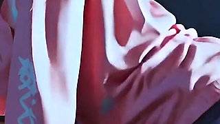 Nighttime Seduction - Red Bow Unfastened, Blue Skirt Lifted, Secret Nipples Exposed Under Soft Light