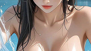 Thai Nude Woman Splashing Playfully in Downpour at Pool Edge