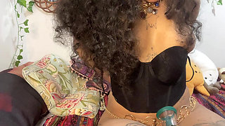 Hairy goddess having orgasm with clit sucker