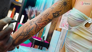 Italian TATTOO customer sucks and fucks while getting ink done!