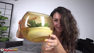 Babe with Hairy Pussy Pisses Into a Angle Bowl