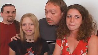 Two semen interchanging college dropout fucksluts petite titty share filthy sausages in bedroom group fuck!