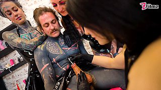 Three aggressive spandex princesses ruin tattooed victim with deep sounding & urethral fingering