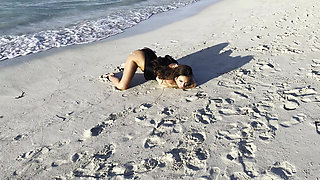 Sexy Monika Fox in Black Bodysuit on Beach