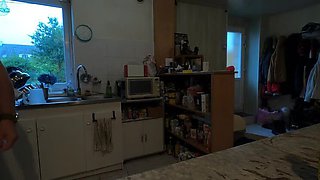 Hot French MILF Kahann masturbates with cucumber in kitchen close-up amateur video