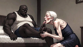90 Year Old Granny Slave Licking Giant Black Man Feet - Wet Pussy Pleasure