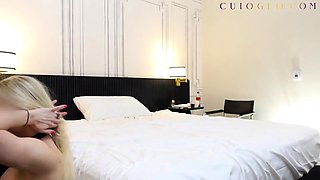 Big cock blonde amateur with glasses drools on cock