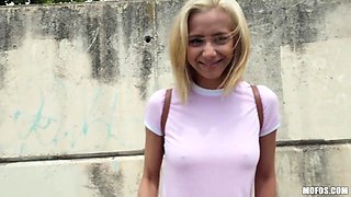 Talkative blonde is picked up easily and fucked outdoors right away