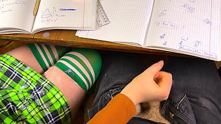 Schoolgirl Giving Him Handjob in Math Class Under the Table at College. Risky Masturbation in a Public Class.