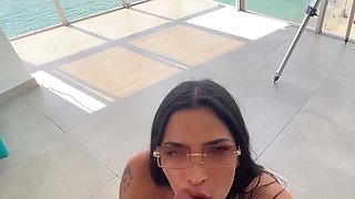Sexy latina girl in glasses teases my cock with her mouth and then pounces on it, riding it like a slut