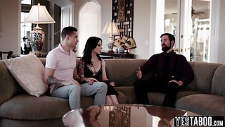Full-bosomed gold digger fucks BF and stepdad