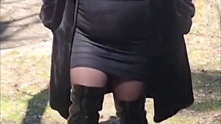 Julie Walking Through a Car Park Wearing Fur Coat, See Her Bound Tits Sticking Out