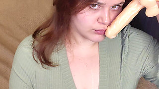 POV Blowjob with a Dildo a Chubby Redhead in a Dress