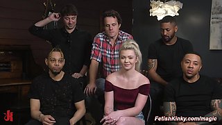 Deep throat bound blond double fuck nailed by big dicks group sex