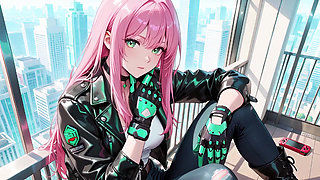 Pink-Haired Leather Tech! Private vibes in a neon-lit cyber corridor.