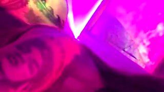 Busty curly brunette with big boobs fucks on couch