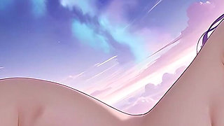 Beautiful Nude Young Woman Immersed in Purple and Emerald Cloud