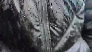 Slutty redhead gives a nice blowjob to an older guy outdoor and takes his cum in her mouth