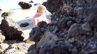 Peeping voyeur fucks blonde MILF on the beach