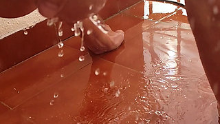 Sexy wife shows off tanned body in outdoor shower with soapy big natural tits and perfect pussy and ass