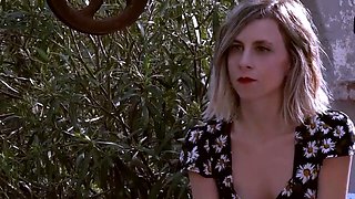 Amateur platinum-blonde drains in outdoor setting