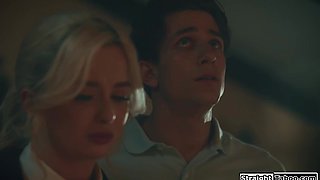 Teen gets double penetrated by her classmate and his stepbro