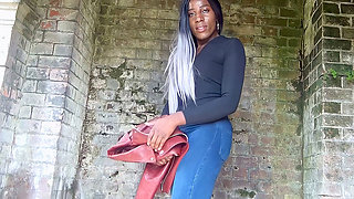 Taller and Slender Black Babe in Tight Jeans Flashes and Changes Outside