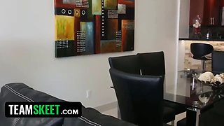 Fortunate stud pounds tiny nanny Alex Little with his big dick for fingering while working