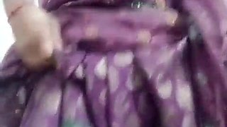 Indian Batty man Crossdresser Bottom Gaurisissy demonstrating her humungous fun bags in purple saree