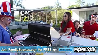 Stepmom & Stepdaughter Share Big Cock - Family BBQ Blowjob & Fucking