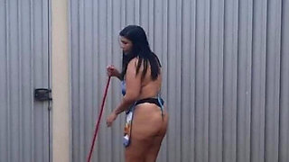Hotwife Cleaning the Yard in Just an Apron and Slutty Panties