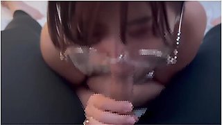 Girl With Glasses Doing A Blowjob While Making Erotic Sounds And Getting A Lot Of Sperm