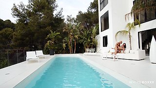 My Boss' Wife Part 2: Outdoors Pool side Interracial with Christian Clay and Ebony Latina Sheila Ortega