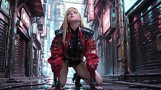 Seductive Cyber Valkyrie Kneels In Black & Red - AI Anime Fingering Tease