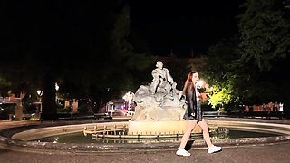 Naughty redhead teen flashing her perky tits in public