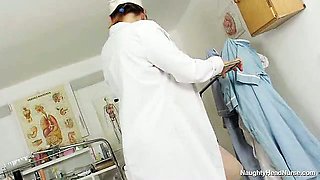 Hairy mom wears glasses and nurse uniform