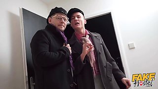 Faux hostel - uber-sexy natural babe takes on 2 Big Cocks for the first time
