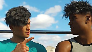 Steamy animated threesome adventure featuring Misskitty2k in a business suit and swimsuit