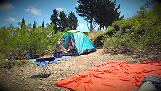 Blonde Wife Got Brutally Fucked by Two Guys in a Tent - Amateur Gangbang with Facial