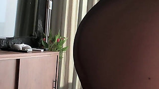 Slim Brunette in Pantyhose Performs Fantastic Footjob, Rimming and Handjob with Abundant Cumshot
