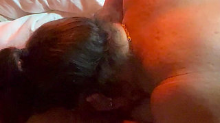 Swallowing His Load After Banging His Balls with Her Nipple Weights