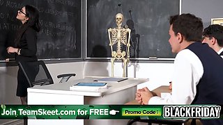 Busty teacher Valentina Nappi takes on 3 pupils in a her classroom - freeuse