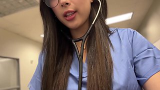 Petite asian nurse pounds on patient's hard dick