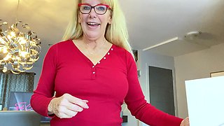 Blonde cumshot amateur MILF POV jerking in the kitchen