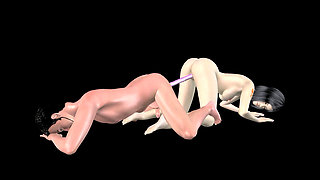 Animated 3D Porn - Beautiful Girl and Asian Man Double Dildo Doggy While Man Stroking