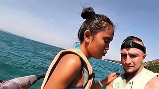 Thai teen girlfriend sucks boyfriends big cock outdoor