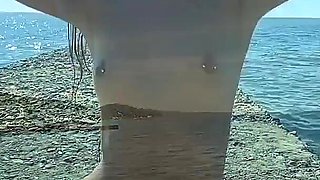 Cute Petite Girl Jerks My Cock on Public Beach and Exposes Her Tight Pussy
